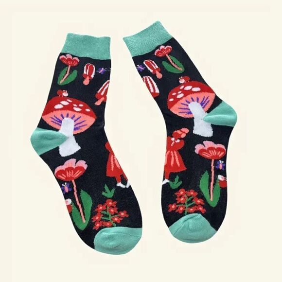 Trendy Women's Mushroom Print Mid Tube Socks Soft Breathable Boho Festival - Picture 2 of 4